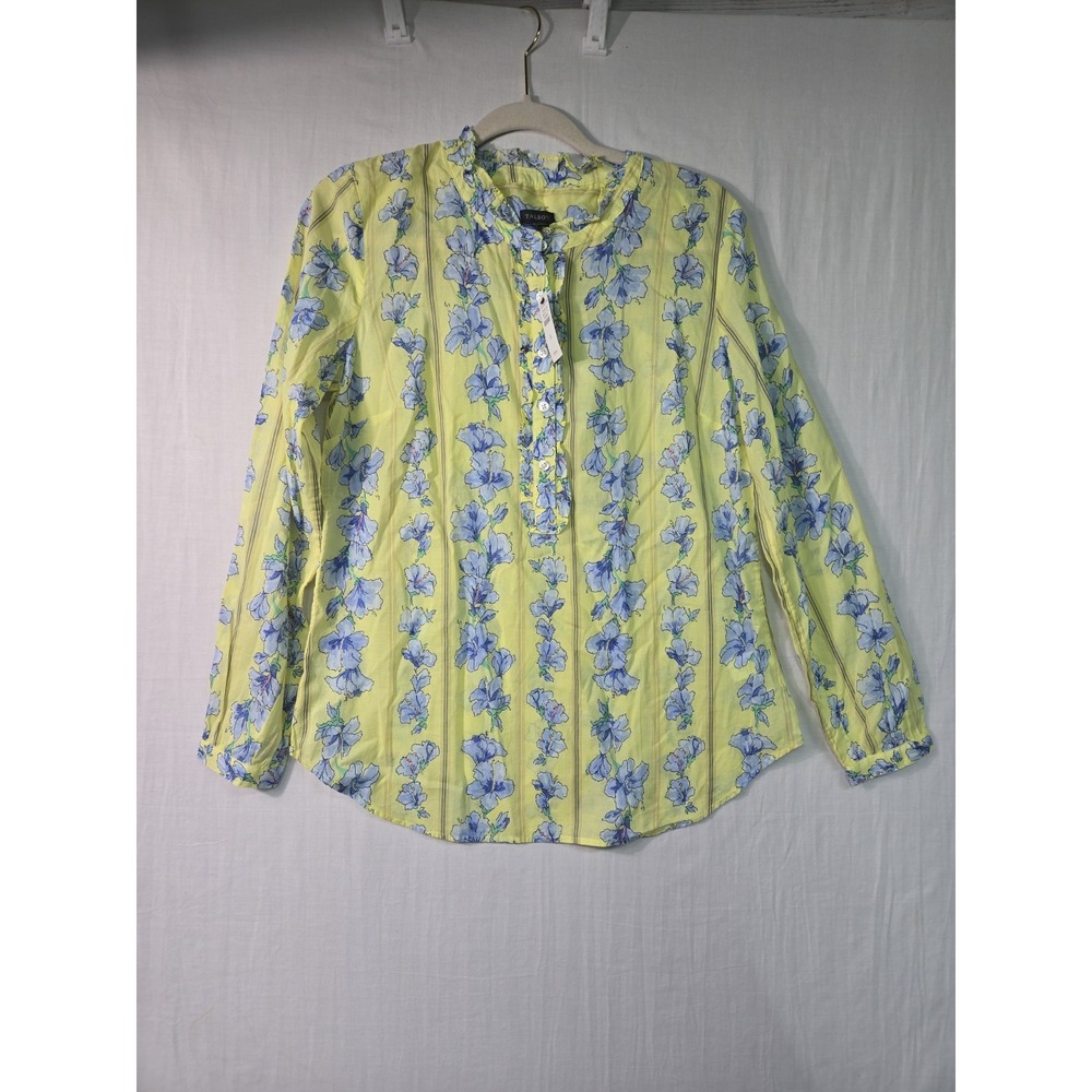 NWT Talbots‎ Women's S Popover Blouse Yellow Blue Floral 1/2 Button Ruffle Neck